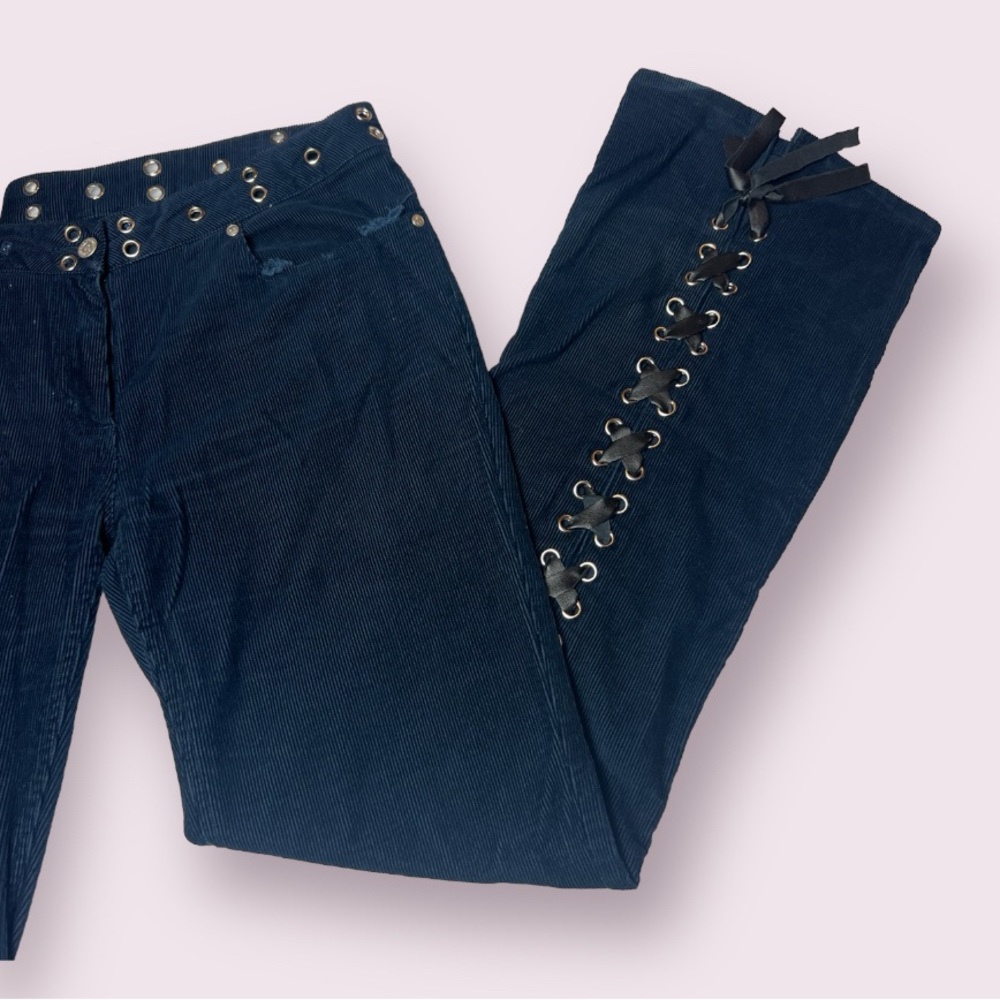 Vintage y2k navy blue corduroy flare boot leg pants with lace up bottoms
